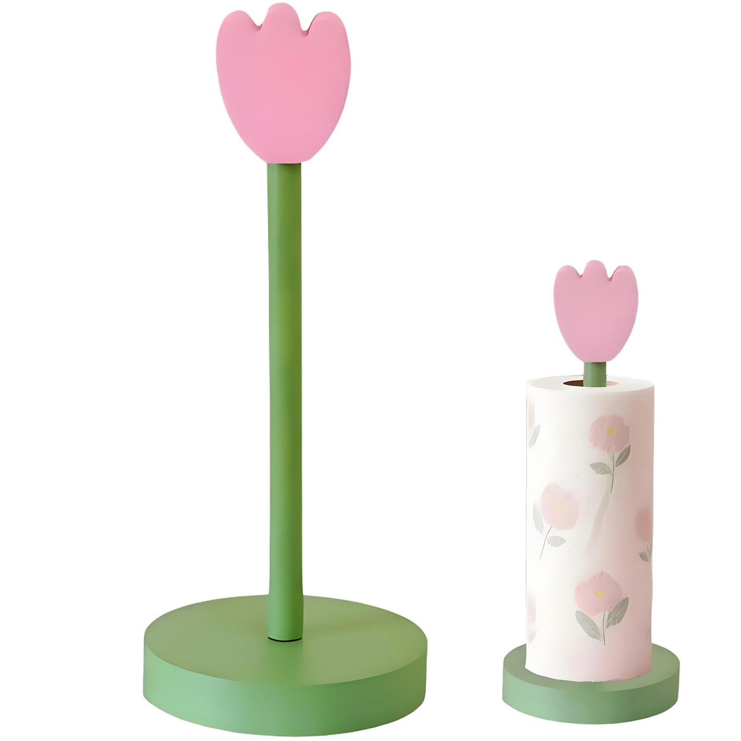 Paper Towel Holder Countertop, Cute Decorative Wooden Standing Paper Towel Roll Holder for Kitchen Bathroom, Bars & Dining Tables (Pink Flowers)