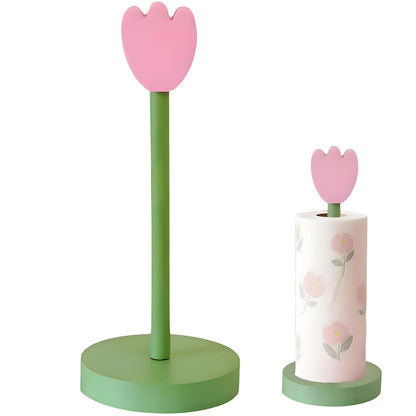 Paper Towel Holder Countertop, Cute Decorative Wooden Standing Paper Towel Roll Holder for Kitchen Bathroom, Bars & Dining Tables (Pink Flowers)