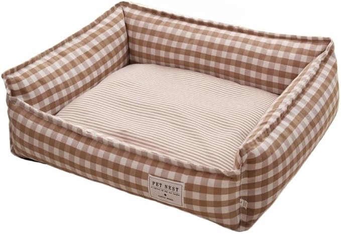 Orthopedic Rectangle Dog Bed for Medium Small Dogs, Plaid Plush Modern Puppy Sofa Bed with Anti-Slip Bottom, Cute Calming Pet Bed(Khaki,Medium)