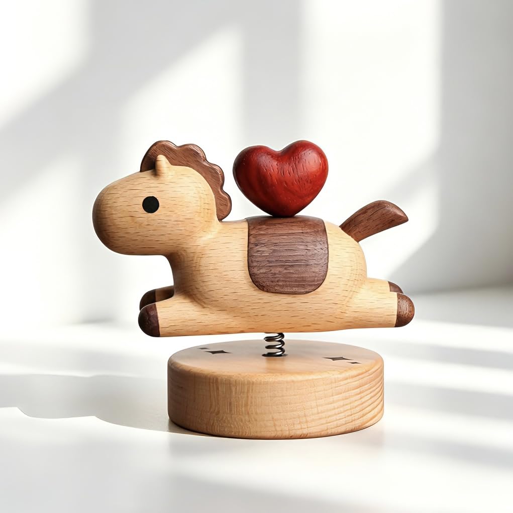 YANISM Wooden Horse Figurine with Magnetic Heart,Spring Swaying Ornament,Romantic Love Right Away Gift for Her or Him,Year of the Horse Gift