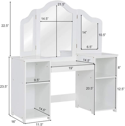 HONEY JOY Kids Vanity, Little Girls Vanity Set with Tri-Folding Mirror, Wooden Princess Makeup Dressing Table, Toddler Vanity, Pretend Play Kids Vanity Table and Chair Set (White)