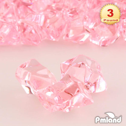 PMLAND Clear Fake Ice Rocks – 550 Pcs Large Pink Acrylic Gems Crushed Plastic Diamonds, 3 Lbs / 2.25 Quarts Bulk Vase Filler for Centerpieces Wedding Theme Décor Aquarium Table Scatter