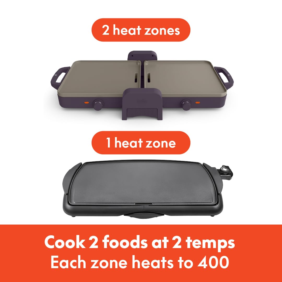 Bella 10"x 20" Ceramic Fold-n-Store Dual Temp Griddle, Fits-anywhere Kitchenware, EverGood Ceramic Nonstick Coating, 2 Temperature Zones up to 400°F, Dishwasher Safe Drip Tray, 1500 Watt, Oatmilk