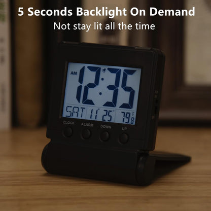 FAMICOZY Small Folding Digital Travel Alarm Clock with Day/Month/Date/Indoor Temperature,Easy to Read and Set,High/Low Alarm Volume,9 Min Snooze,Backlight on Demand,Bedside Calendar Alarm Clock,Black