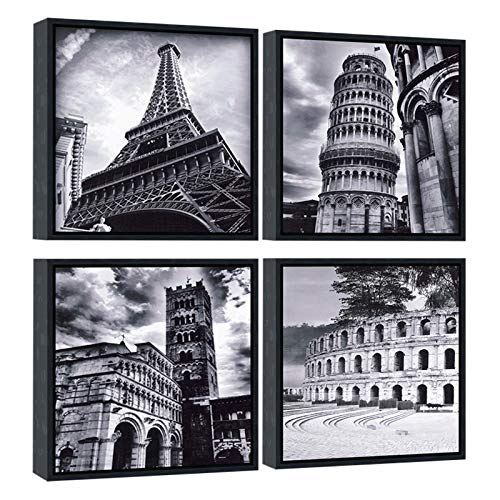 Wieco Art Architectures Modern 4 Panels Giclee Canvas Prints Europe Buildings Black and White Landscape Pictures Paintings on Canvas Wall Art Ready to Hang for Bedroom Home Office Decorations