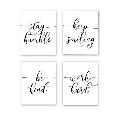 HPNIUB Unframed Inspirational Quote Art Painting,Work Hard,Be Kind,Stay Humble,Keep Smiling Art Print Set of 4 (8”X10” Motivational Phrases Wall Art for Office or Living Room Home Wall Decor