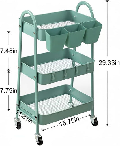 danpinera 3-Tier Rolling Cart, Utility Cart Mobile Metal Rolling Storage Cart with Lockable Wheels & Hanging Cups & Hooks for Kitchen, Bathroom, Office, Workshop, Green