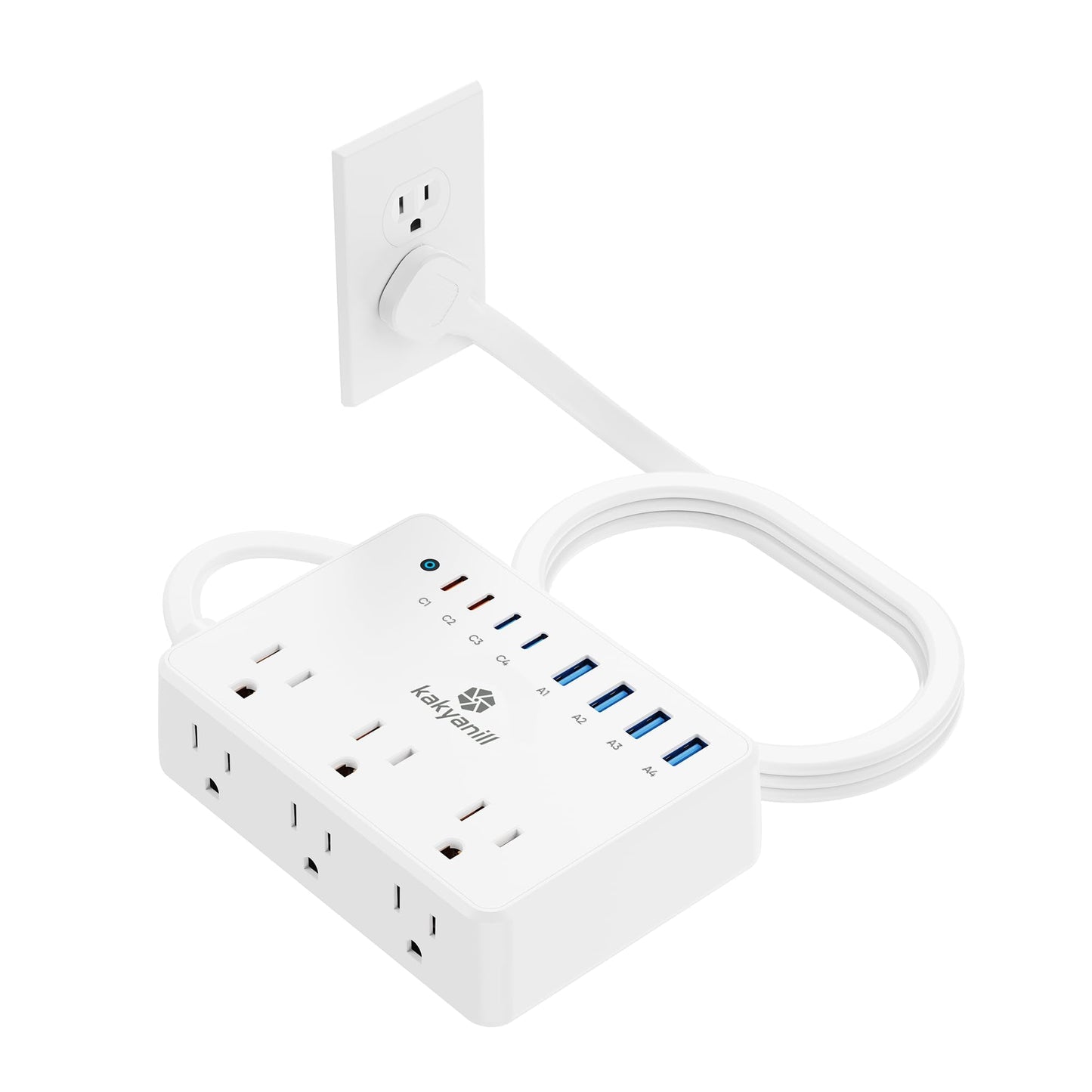 Kakyanill 100W Charging Station, 6 AC Outlets 8 USB Power Strip with 2000J Surge Protector, 5ft Flat Plug Extension Cord, Compact for Desk Home Office Dorm, White