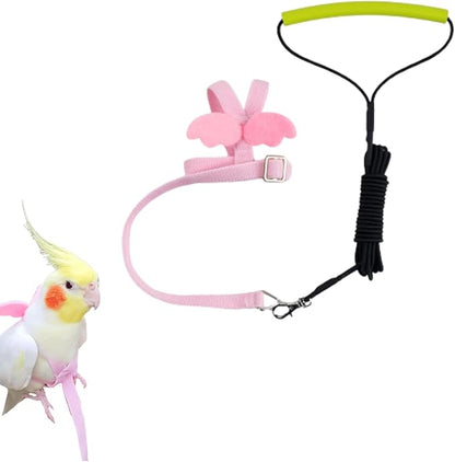 Pet Parrot Bird Harness and Leash, Adjustable Training Design Anti-Bite, Bird Nylon Rope with Cute Wing for Lovebird Budgie African Grey Macaw Conure (Pink,XL)