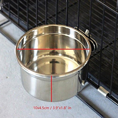Bird Parrot Feeding Cups Cage Hanging Bowl Stainless Steel Perches with Clamp Holder - Bird Coop Cups Seed Water Food Dish Feeder Bowl 10 Ounce