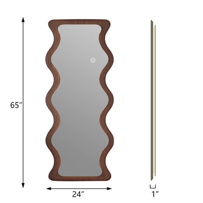 osemy 65"x 24" Irregular Wavy LED Full Length Mirror with Lights Wood Frame Full Body Mirror, Free Standing/Wall Mounted/Leaning for Dressing Bedroom Living Room Walnut Brown