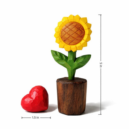 WOODEN ISLANDS Hand-Carved Wooden Flower with Red Heart - Handcrafted Everlasting Wood Sculpture - 5th Anniversary, Valentine's Day, Birthday Gift for Her - Gift Box Included (Yellow Sunflower)
