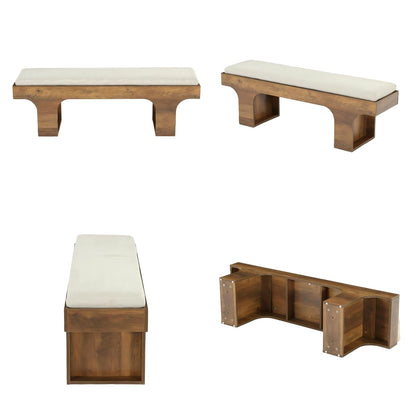 LITTLE TREE 55.2" Dining Bench with Linen Cushion, End of Bed Upholstered Bench, Farmhouse Entryway Bench for Hallway, Living Room, Bedroom, Kitchen