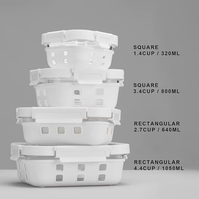GENICOOK Glass Food Storage Meal Prep Containers - Food Grade Silicone Wrap & Air Release Vent, Rectangular shape - 8 Pc Set (4 Containers - 4 Matching Lids)