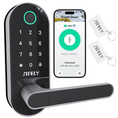 Built-in WiFi Fingerprint Smart Door Lock with Handle & Keypad – Remote Access & Auto-Lock, Keyless Entry for Home, Airbnb & Rental, 6-in-1 Unlock: Code/Card/App/Key, Compatible with Alexa & Google