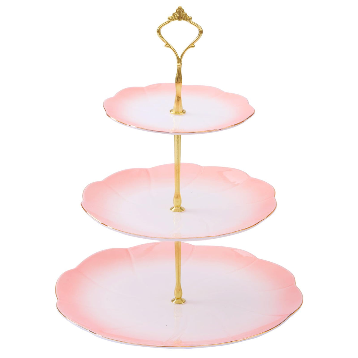 DUJUST Luxury Larger 3-Tier Cupcake Stand Tower, British Style Porcelain Serving Tray with Golden Trim, Food Grade Dessert Display Stand for Tea Party & Home Décor - 45% Gradient Pink Larger Plates
