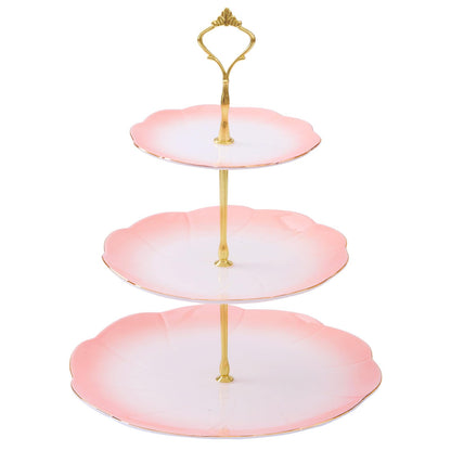DUJUST Luxury Larger 3-Tier Cupcake Stand Tower, British Style Porcelain Serving Tray with Golden Trim, Food Grade Dessert Display Stand for Tea Party & Home Décor - 45% Gradient Pink Larger Plates