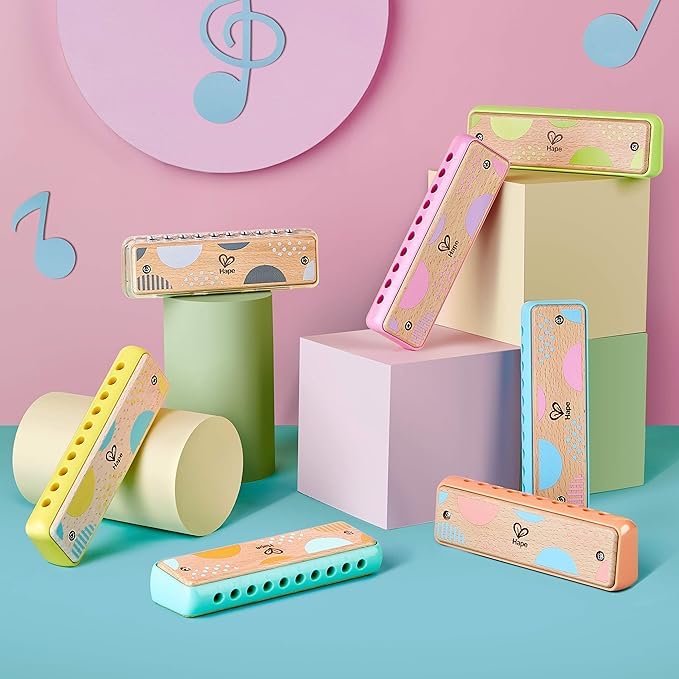 Hape Blues Harmonica | 10 Hole Wooden Musical Instrument Toy for Kids, Blue-Green (E8916)