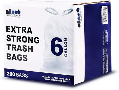 Plasticplace 6 Gallon Trash Bags White Drawstring Garbage Can Liners, 17” x 20”