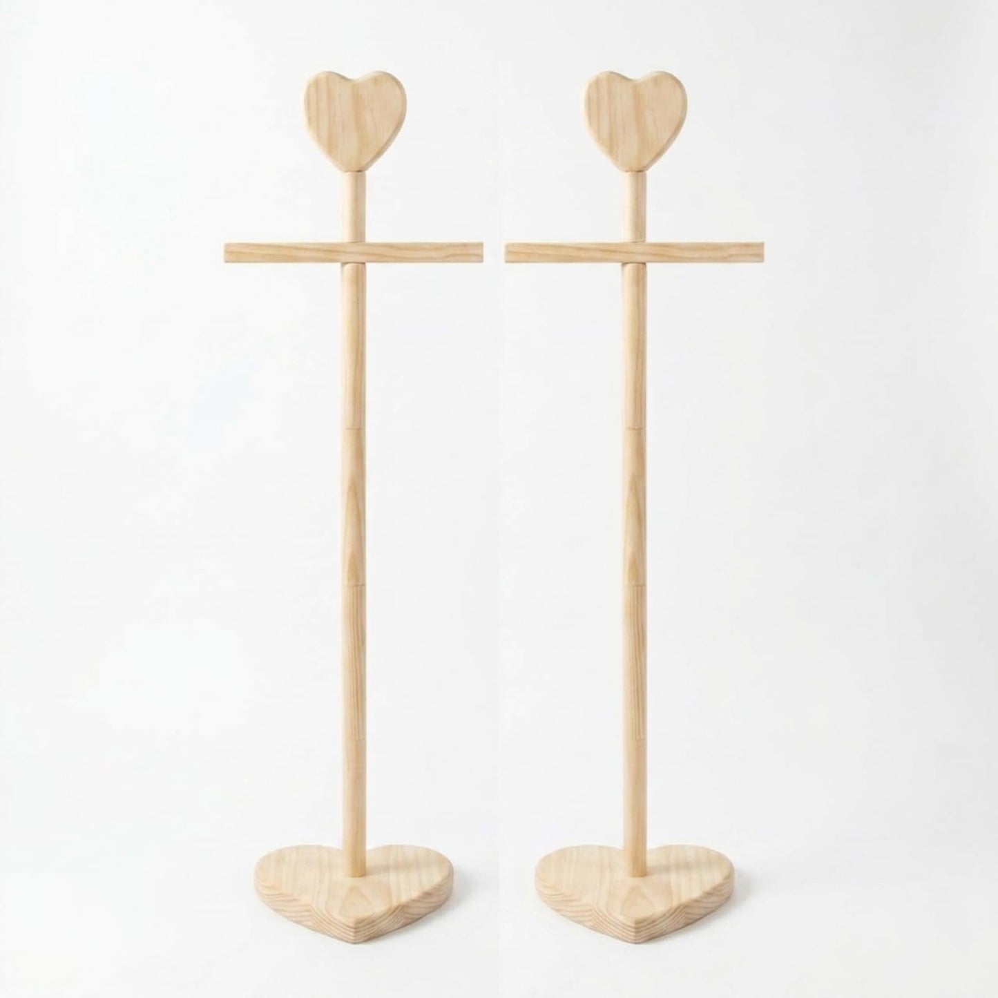 Fuutreo 2 Packs Baby Clothes Display Stands Heart-Topped Baby Shower Centerpiece Babies Clothes Rack with Bow Wooden Adjustable Outfit Hangers Display for Layette Dress, Hand Assembled(Wood Color)