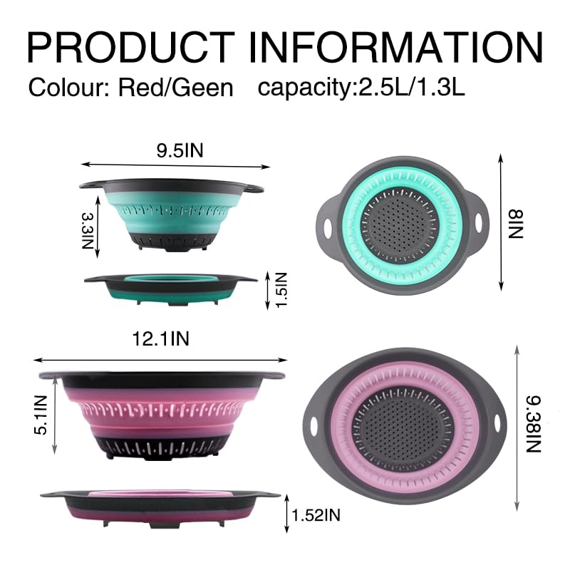 Collapsible Colander Set, Square Round Triangles Silicone Kitchen Strainer Perfect for Draining Pasta Vegetable fruit 2 PCS (10.8"L x 8.6"W x 2"H, Red & Green)