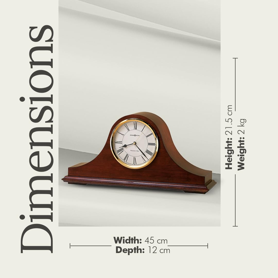 Howard Miller Christopher Mantel Clock – Hardwood Table Clock, Quartz Movement, Westminster Chime, Brass Bezel, Roman Numerals, Battery Powered
