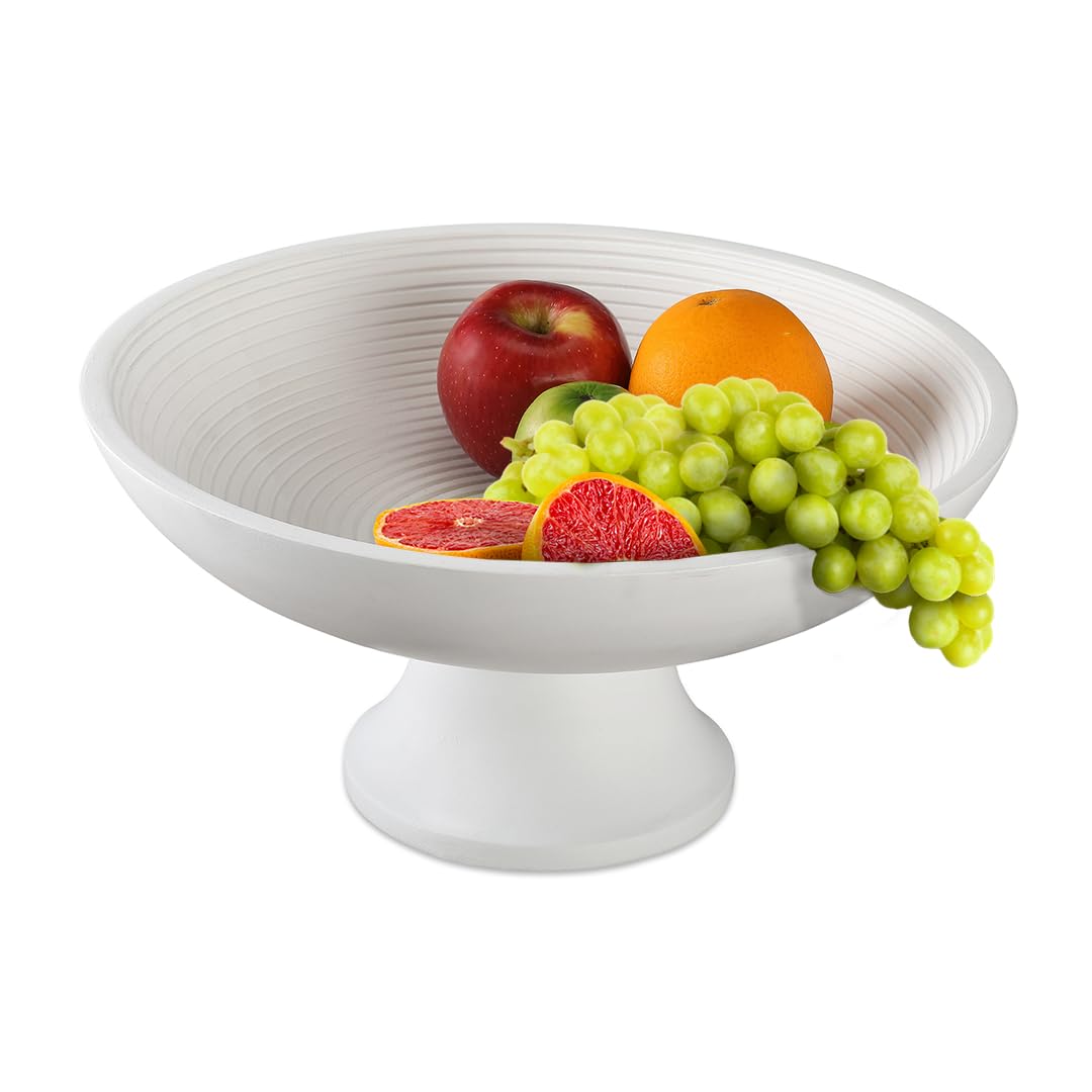 Folkulture Wooden Fruit Bowl for Kitchen Counter | 12" Large Premium Eco Friendly Banana Fruit Basket for Kitchen | White Wood Bowl with Holder, Pedestal for Table Decor, Centerpiece for Dining Table