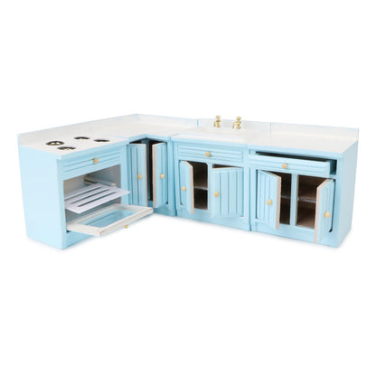 Miniature Furniture Dollhouse Kitchen Cabinets Set 1:12 Scale Wooden Model Freely Combined 4PCS Mini House Accessories Furnishings Kit Decoration Gift (Blue)