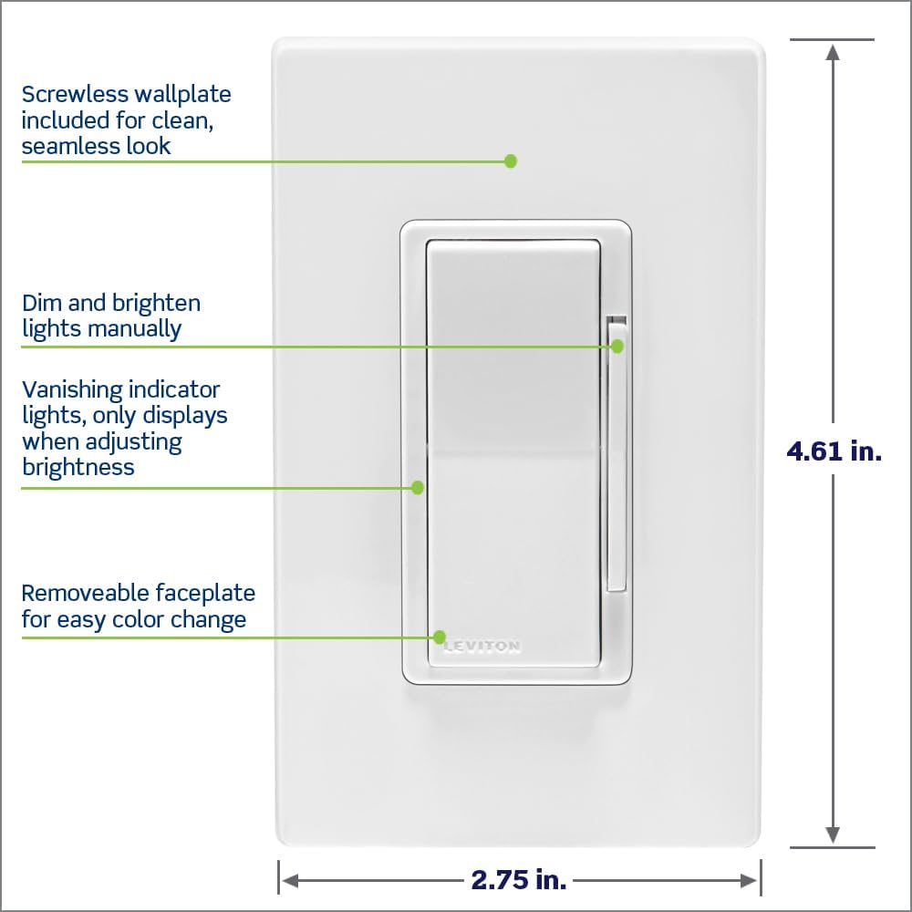Leviton Decora Smart Dimmer Switch, Wi-Fi 2nd Gen, Neutral Wire Required, Works with Matter, My Leviton, Alexa, Google Assistant, Apple Home/Siri & Wired or Wire-Free 3-Way, D26HD-2RW, White