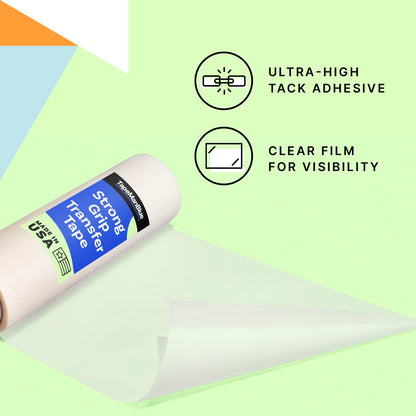TapeManBlue Strong Grip Transfer Tape - 12" x 50' Roll of Ultra High Tack Transfer Tape for Glitter Vinyl, Holographic Vinyl, and Textured Decals, Letters & Stickers, Made in USA