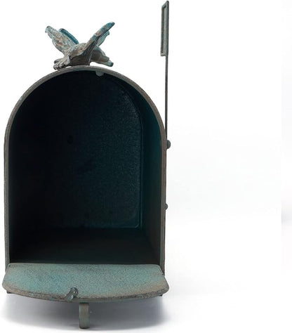 Heavy Duty Galvanized Steel Mailbox Post, Rural Mail Box Postal Storage Box with Bird Decoration (Vintage Green)