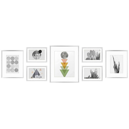 Golden State Art, Aluminum Gallery Wall Frame Set of 7 - Includes One 11x14, Two 8x10, and Four 5x7 - Metal Frames with Mat & Real Glass Cover for Elegant Home or Office Decor (Style 2, Silver)