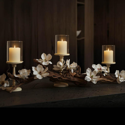 Magnolia Vine Driftwood FarmhouseTable Centerpiece - 3pc Candle Holder Set - Floral Table Decor for Dining Room, Living Room, Mantle & Weddings (Ivory)