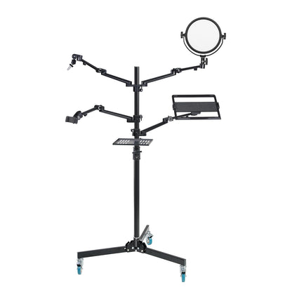 GVM 5-in-1 Movable Live Streaming Floor Stand Kit with Wheels, Overhead Camera Mount with 10" LED Key Light/Mic Boom Arm/Tablet Laptop Phone Stand/Tray for Live Broadcast Podcast Video Recording Game
