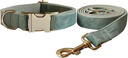 Love Dream Velvet Dog Collar and Leash Set, Soft & Comfy Adjustable Dog Leash and Collar with Heavy Duty Metal Buckle for Small Medium Large Dogs Training & Walking (Medium, Mint Green)