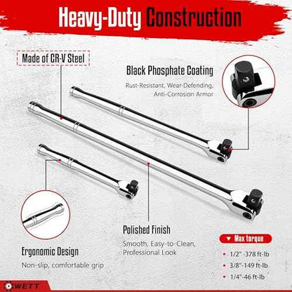 WETT 10-Piece Breaker Bar Set with 180¡Æ Rotatable Head, 1/4'', 3/8'' and 1/2'' Drive, Heavy Duty Breaker Bars with Extension Bars and Adapters, 6'', 10'' & 15'' Length, CR-V Steel