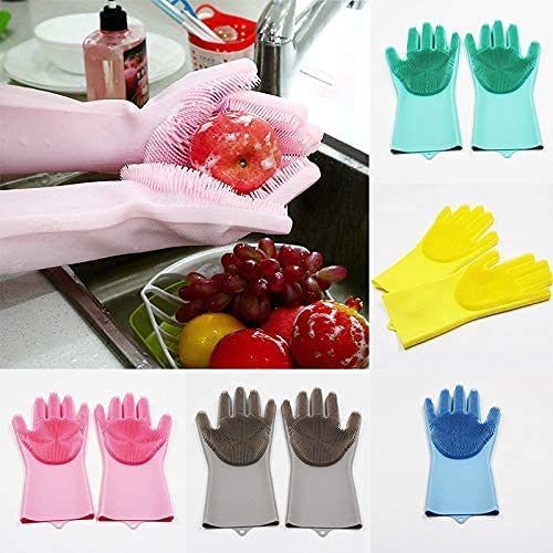 Silicone Dishwashing Gloves, Pet Grooming Rubber Scrubbing Gloves for Dishes,Sponge Wash Cleaning Glove with Scrubbers for Housework, Bathroom, Kitchen, Car, Pets. 1Pair (13.6" Large)