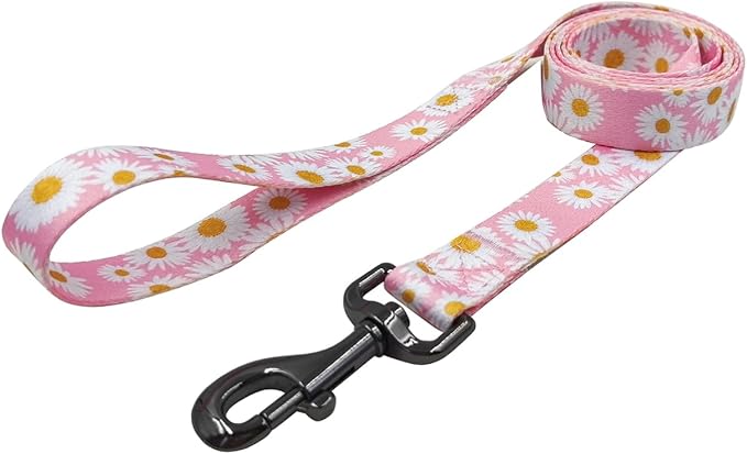 Dog Collar Leash Set, Floral Pattern, Polyester Material, Adjustable Collar and 5ft Matchcing Leash, for Medium Dogs.(M, Light Pink Daisy)