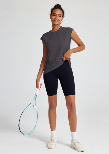 Women's Moisture Wicking Athletic Shirts - Tennis & Pickleball Tops, Gym Workout Tee with Cap Sleeve, Quick Dry Exercise Shirt Dark Grey L