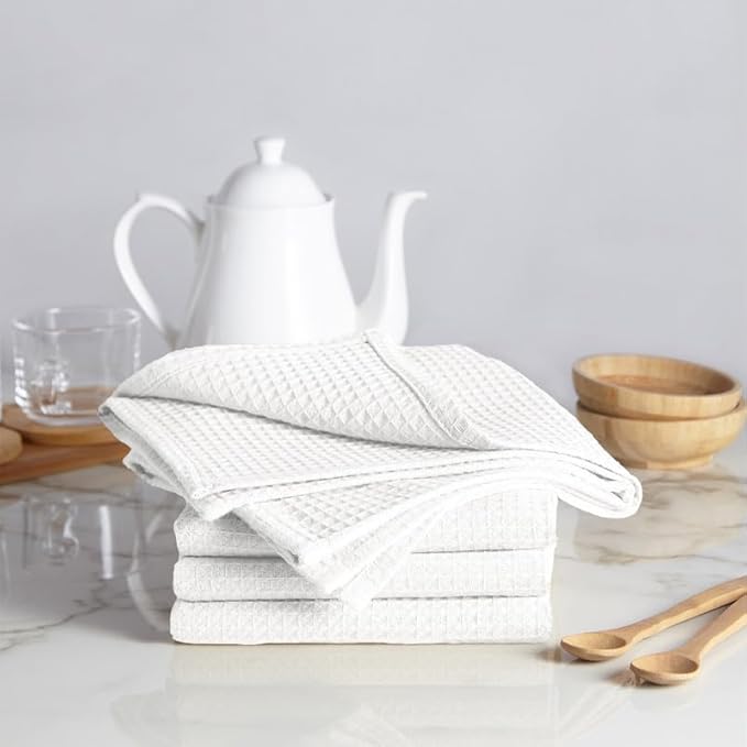 Encasa XO Kitchen Dish Towels Set | White | Waffle Weave and Flat Hand Tea