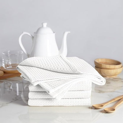 Encasa XO Kitchen Dish Towels Set | White | Waffle Weave and Flat Hand Tea