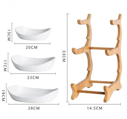 XUDREZ 3 Tier Fruit Basket for Kitchen Counter, 11"*8.6"*13" Ceramic Fruit Bowl for Kitchen Counter, Large Capacity Fruit Bowl Set with Holder, Bamboo Fruit Serving Tray (Porcelain)
