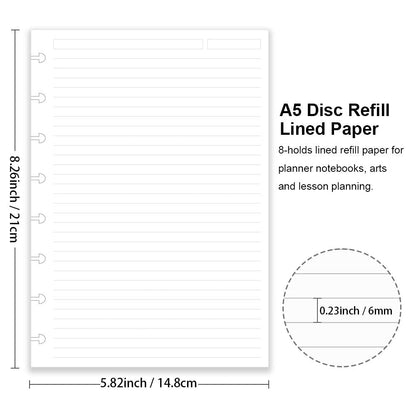 Junior Size Discbound Refill Paper - 8 Discs Discbound Paper, Lined Arc Paper Refill, 100gsm, Disc Paper Refill White Paper, 300 Sheets/600 Pages, 5.8 X 8.25 in