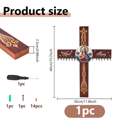 DICOSMETIC Wooden Rosary Holder Wall Mounted with 14 Hangers Wall Mounted Necklace Organizer 15.75"x11.81" Cross Decorative Hanger Large Catholic Rosary Holder for Necklace, Bracelet Storage