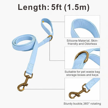 Silicone Dog Collar and Leash Set, Waterproof & Odor-Proof Puppy Collar for Small Dogs, Soft Flexible Leather-Look Dog Collars, Durable Thick Adjustable Pet Collar (Blue, Large (16-24.5" Neck))