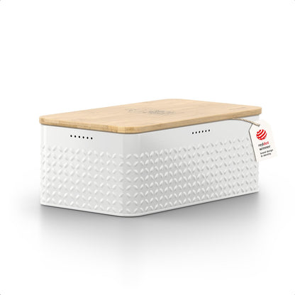 LARS NYSØM Bread Box I Metal Box for long lasting freshness I Bread Bin with bamboo lid usable as cutting board I 13.4x7.7x5.3In (Arctic White)