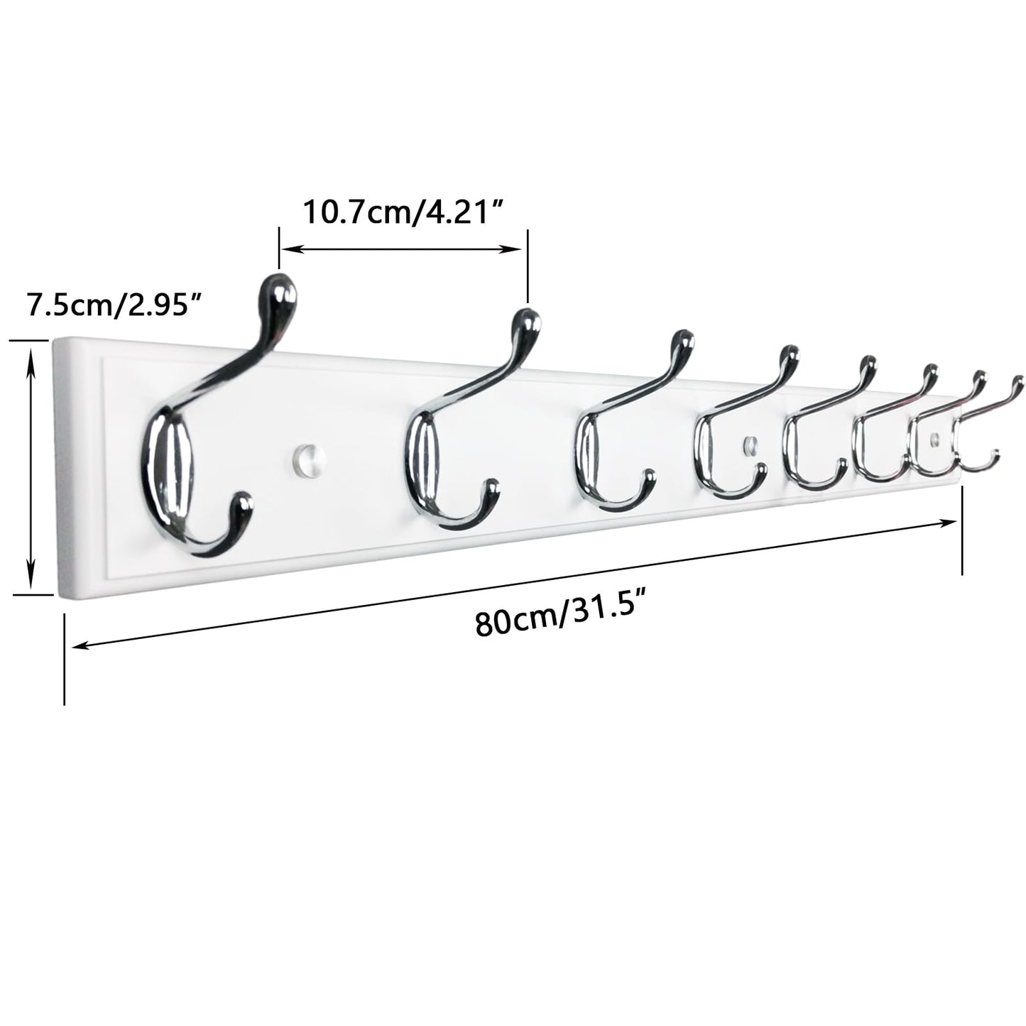 lomejii Wooden Wall Mounted Coat Rack – 31 Inch, White with 8 Silver Hooks for Entryway, Hallway, Bedroom