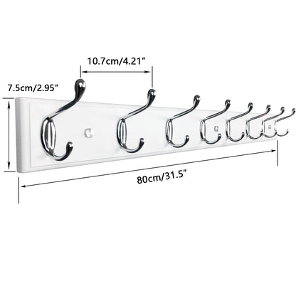 lomejii Wooden Wall Mounted Coat Rack – 31 Inch, White with 8 Silver Hooks for Entryway, Hallway, Bedroom