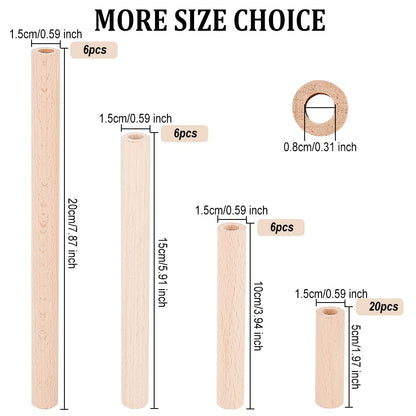 OLYCRAFT 38pcs Hollow Wooden Rods 5/10/15/20cm Beech Wooden Dowel Rods Unfinished Natural Wood Craft Dowel Rods Hardwood Sticks for DIY Projects Crafting Grain Baskets Making - Hole 8mm