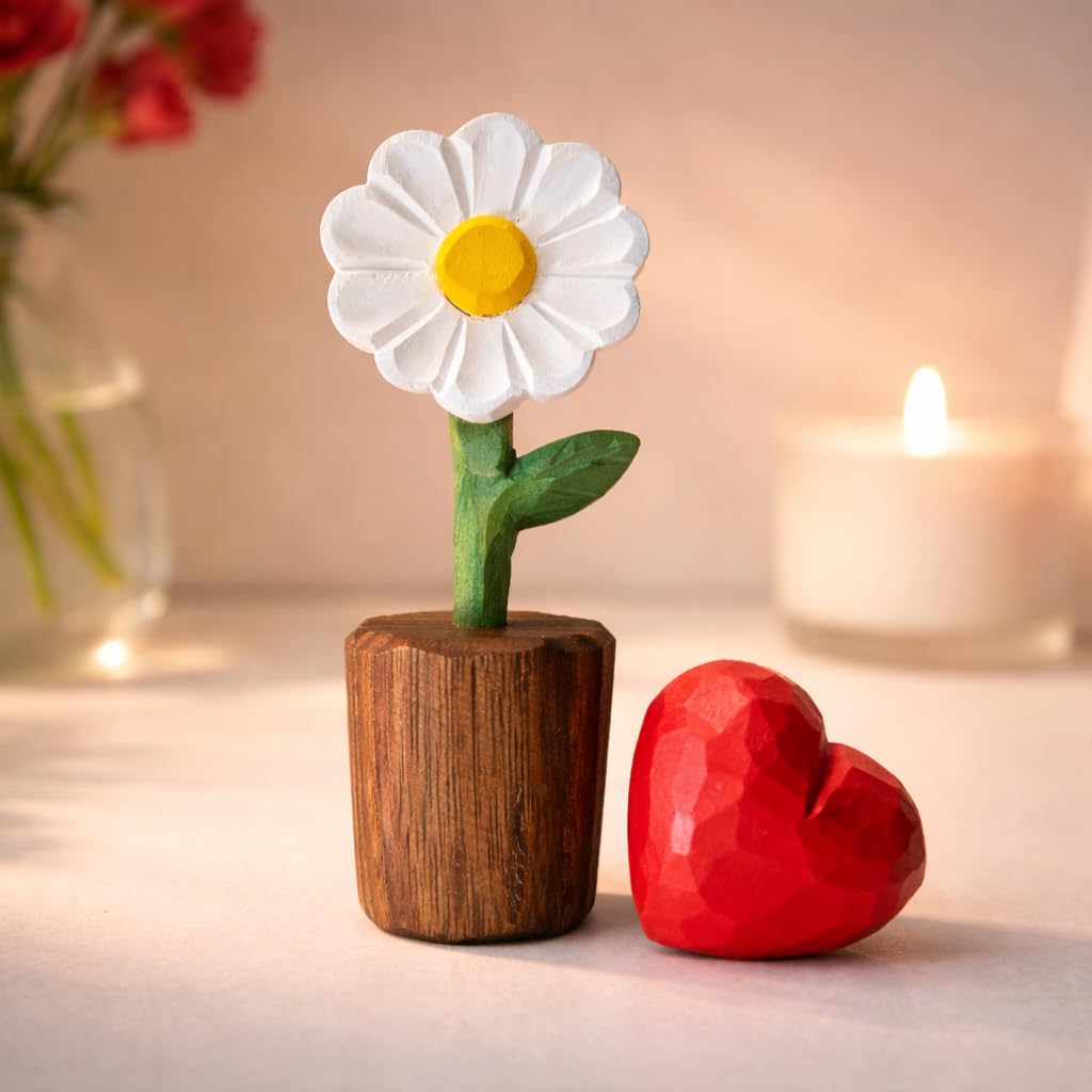 WOODEN ISLANDS Hand-Carved Wooden Flower with Red Heart - Handcrafted Everlasting Wood Sculpture - 5th Anniversary, Valentine's Day, Birthday Gift for Her - Gift Box Included (White Daisy)
